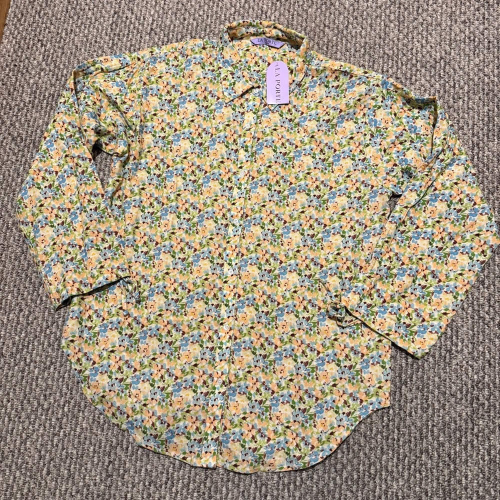 La Porte Swim Shirt Green Linen Blend Button Front Cinch Sleeve floral